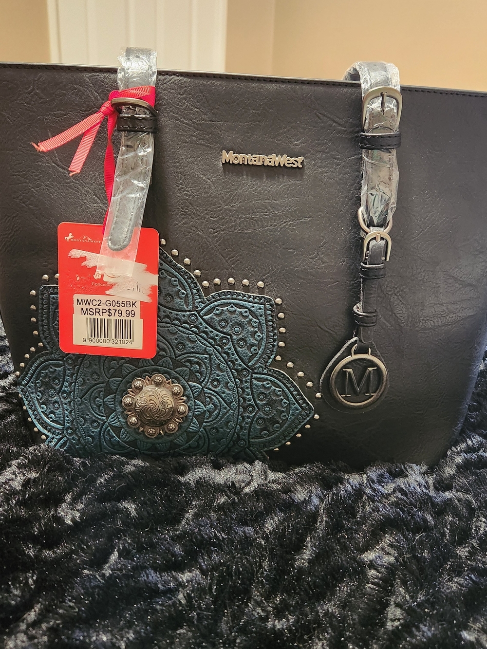 Montana West Black & Teal Embossed Flower Tote